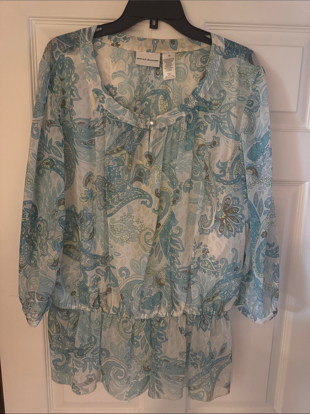 Alfred Dunner Blue and Green Paisley Sheer Peasant Top